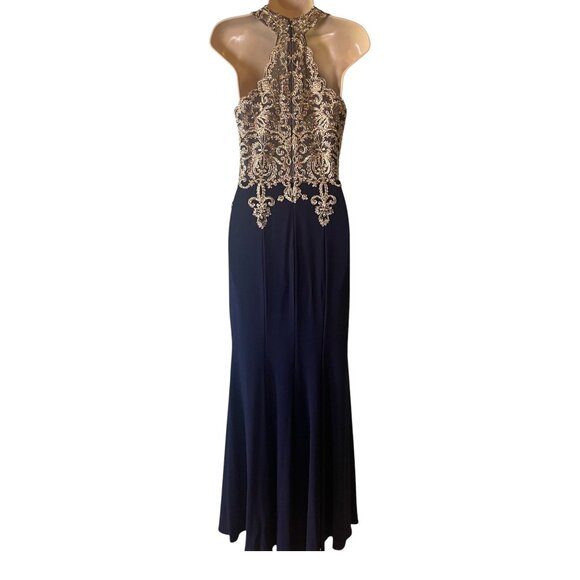 Xscape Crystal Embroidered Halter Velvet Gown in Blue/Gold Size 6 Prom Formal - Picture 5 of 15